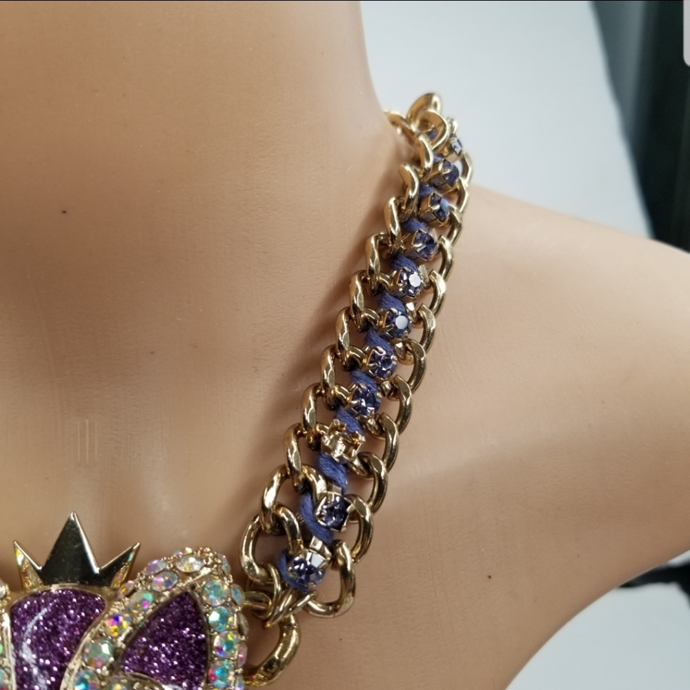BETSEY JOHNSON PURPLE CRYSTALS FOX CHUNKY STATEMENT FASHION CHAIN NECKLACE. - Picture 3 of 10